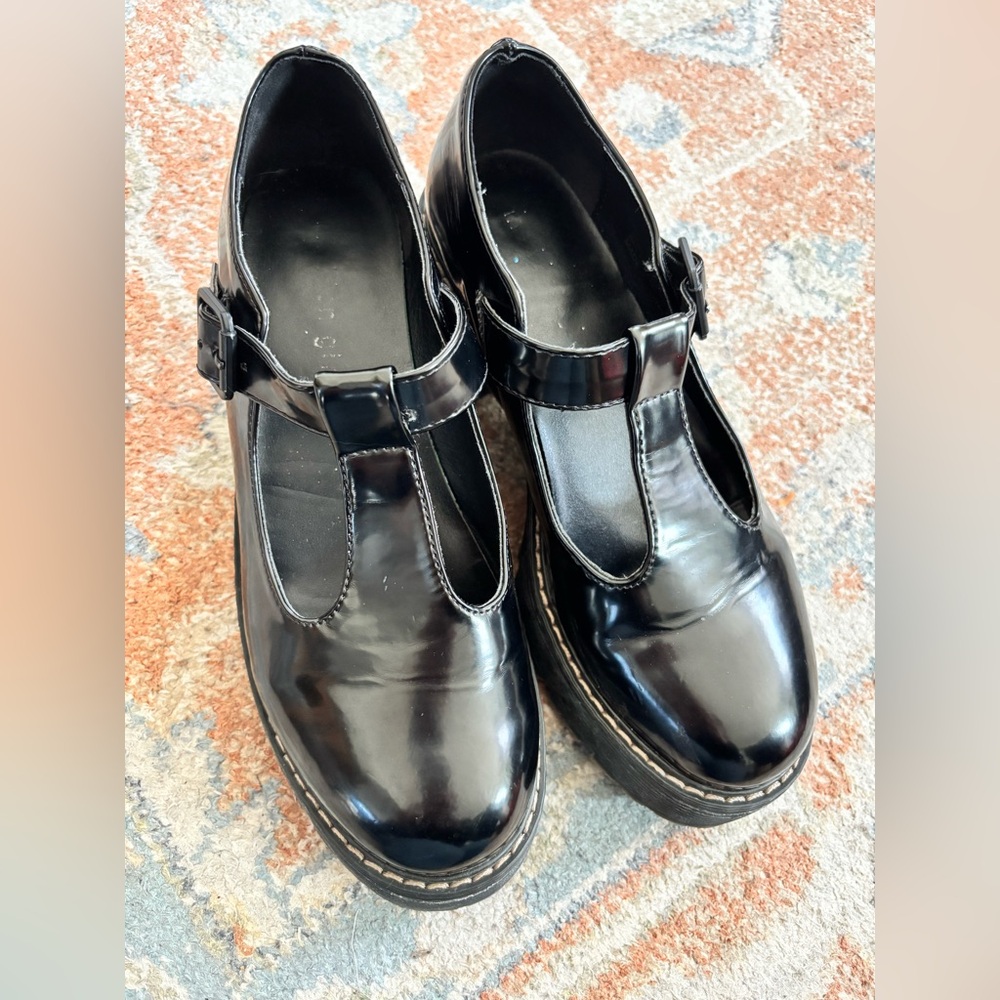 Madden Girl Shiny Black T‑Strap Loafers